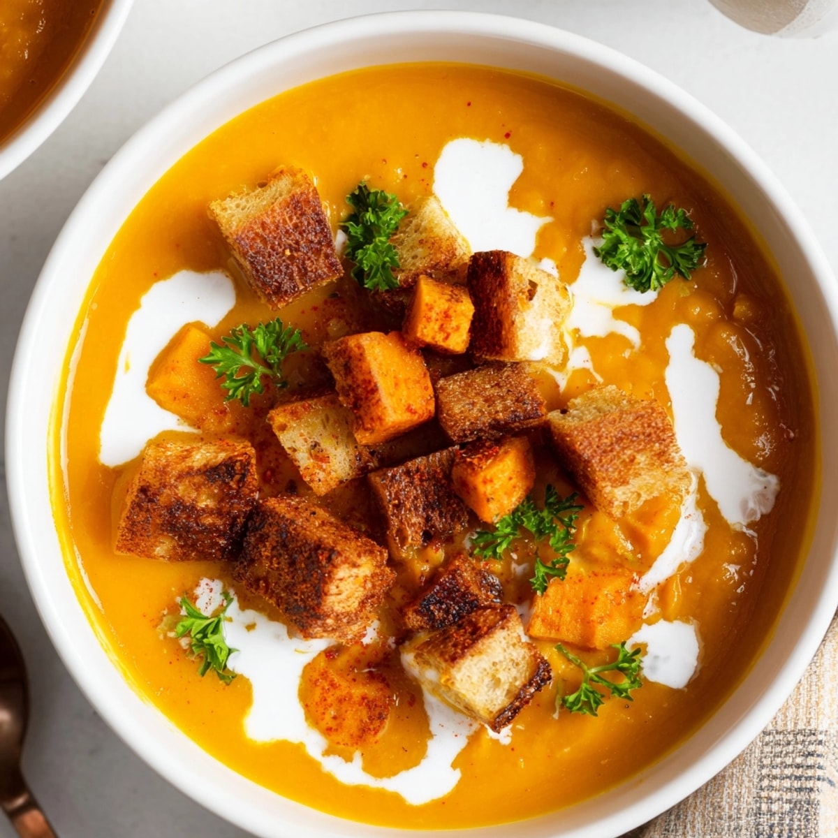 Nahaufnahme von Pumpkin and Lentil Soup mit gewürzten Croutons, dampfend und verlockend.