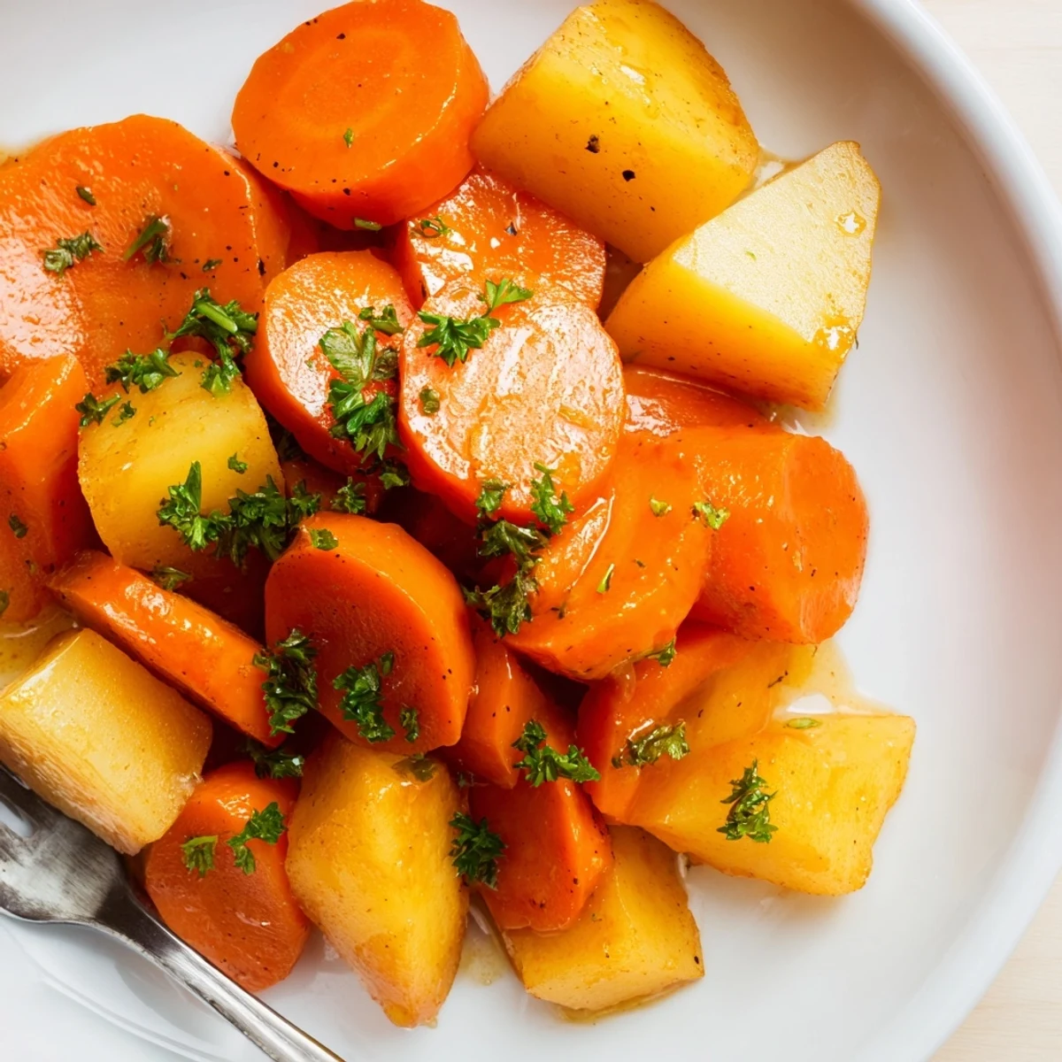 Lebendige Honig-Glasierte Karotten und Kartoffeln, perfekt für festliche Beilagen.  