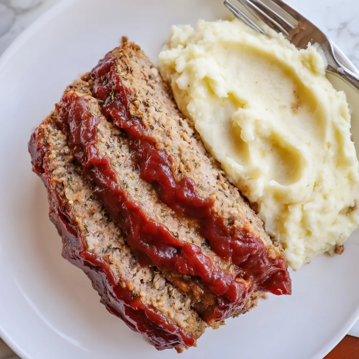 Herzhaftes Meatloaf-Rezept serviert mit lockerem, geschlagenem Kartoffelpüree neben.  