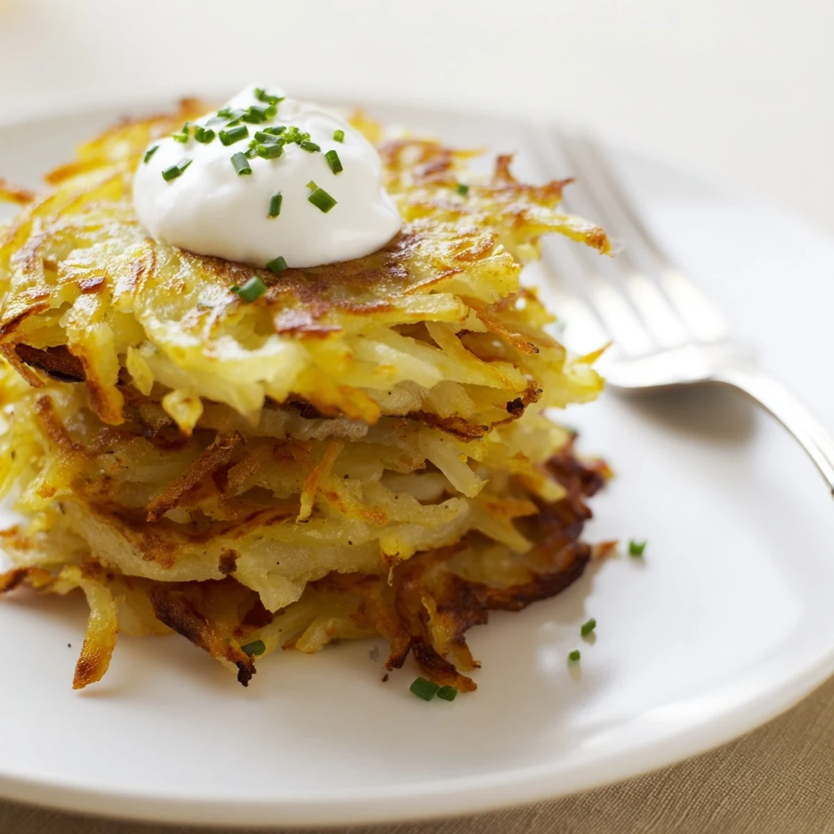 Leckere Kartoffelpuffer, knusprig gebraten und serviert mit würziger Sauerrahm.  