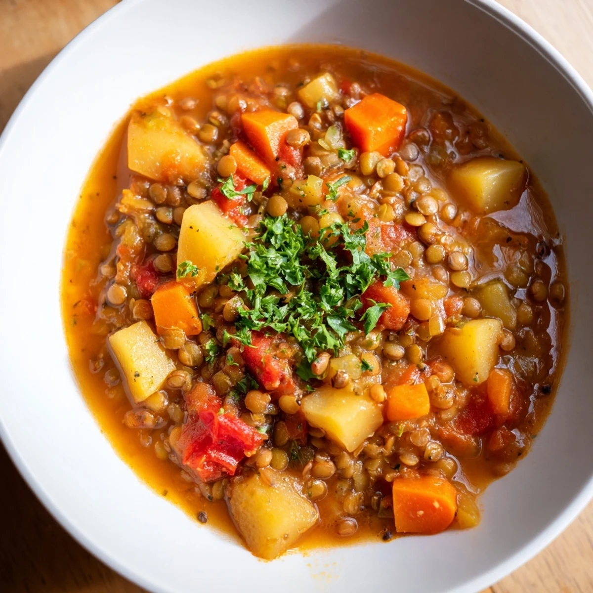 Warmer One-Pot-Linsen-Eintopf, perfekt für ein nährendes Abendessen.  
