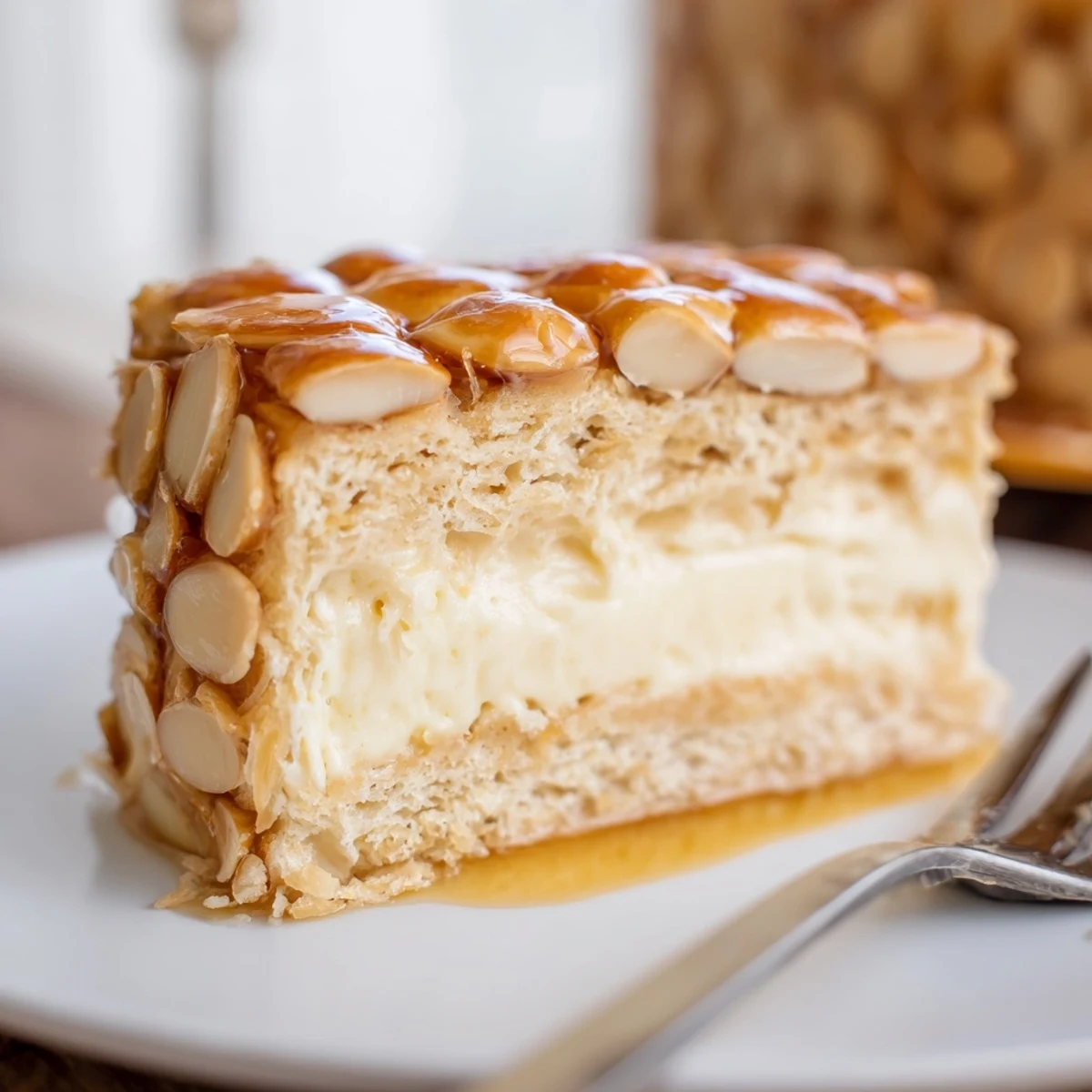 Eine klassische deutsche Variante des Bee Sting Cake, die pürierten Vanillecreme und knusprige Mandeln zeigt.  