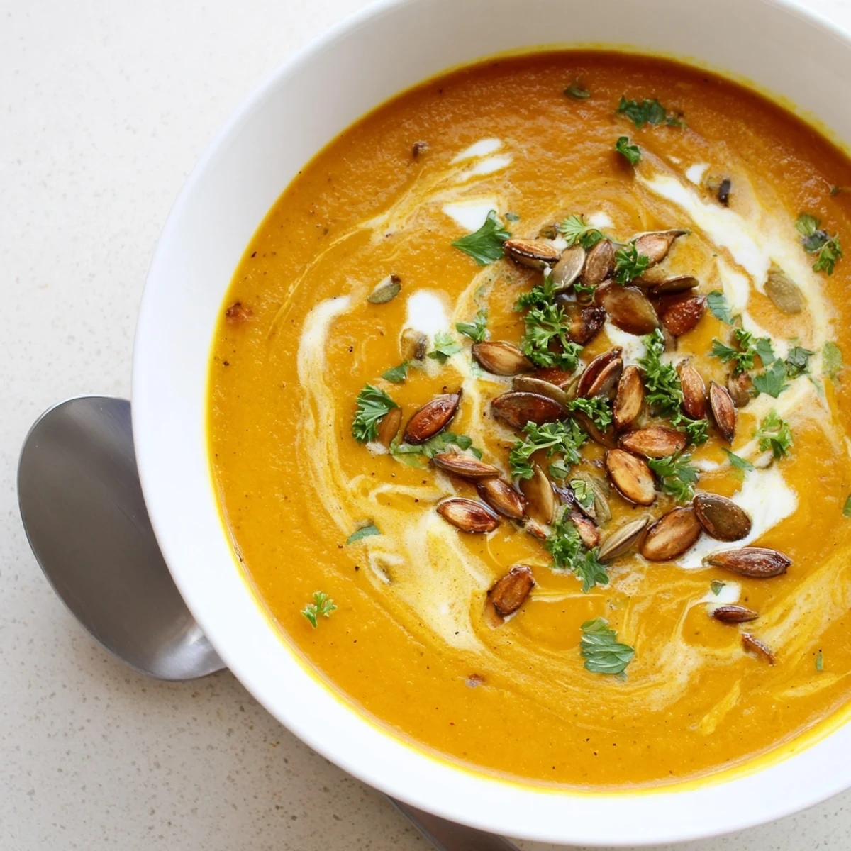Seidenweiche, aromatische Kürbissuppe mit geröstetem Gemüse und Cremeswirbel für kalte Tage.  