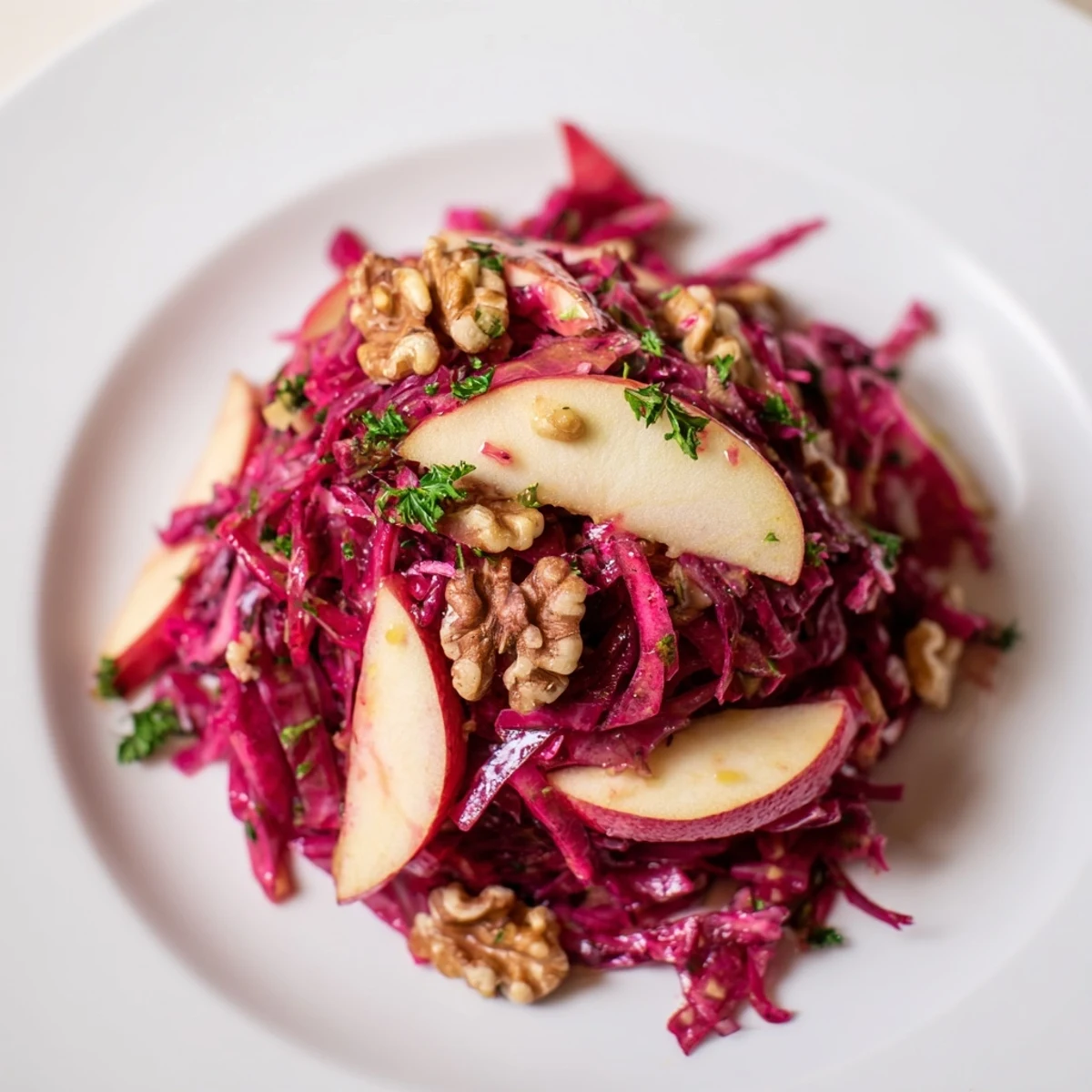 Herzhafter Rotkohl-Salat mit süßem Honig-Dressing, ideal für ein leichtes Mittagessen.