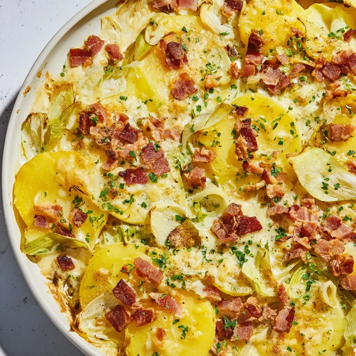 Golden-brown One-Pan German Potato & Leek Bake, showcasing crispy bacon and melted cheese.