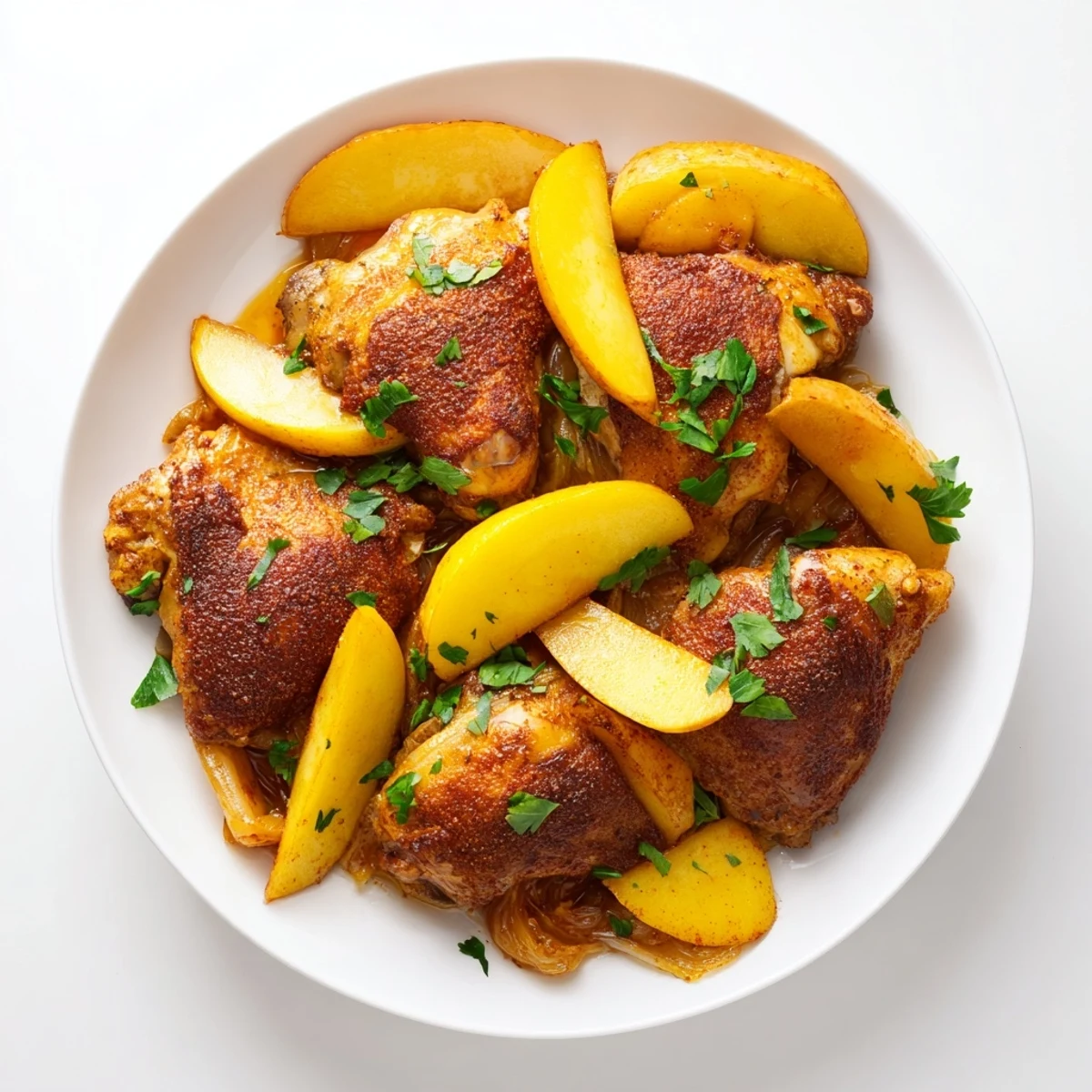 Juicy Sheet-Pan German-Style Chicken with apples and onions, garnished with parsley, perfect for dinner.