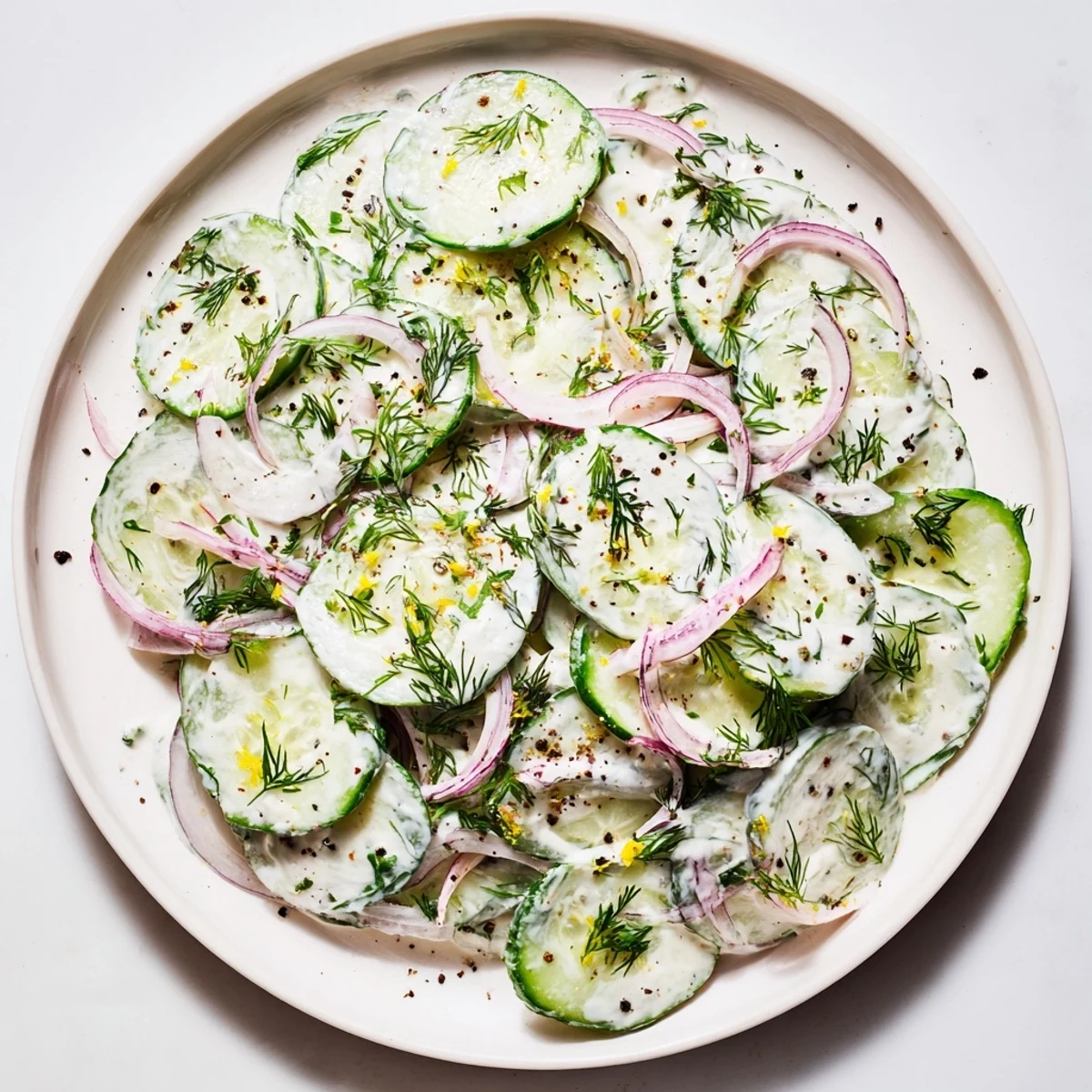 Cool, refreshing Cold Cucumber-Dill Salad with Yogurt, perfect with a tangy, creamy dressing.