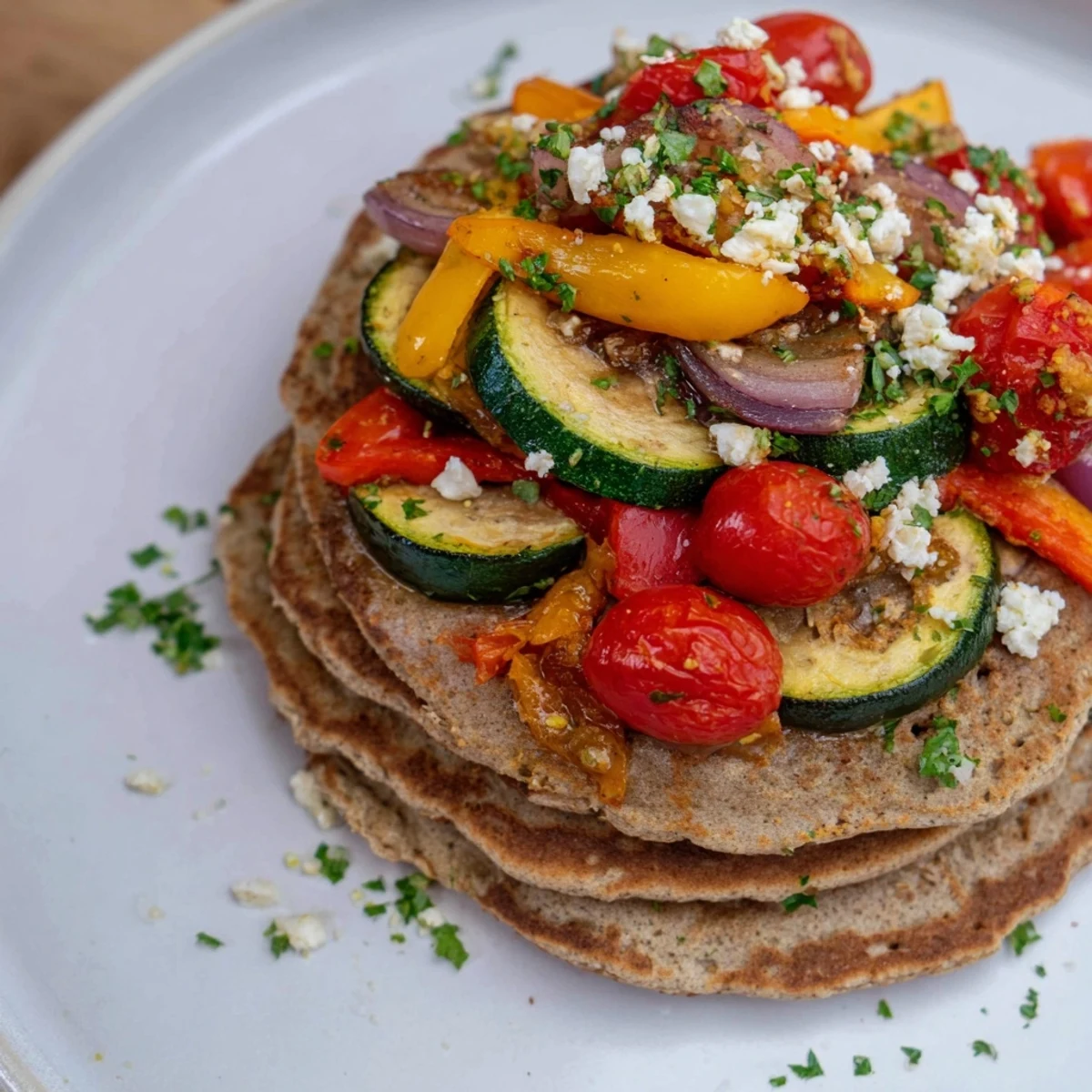 Golden-brown savory buckwheat pancakes with colorful roasted vegetables, ready to eat.