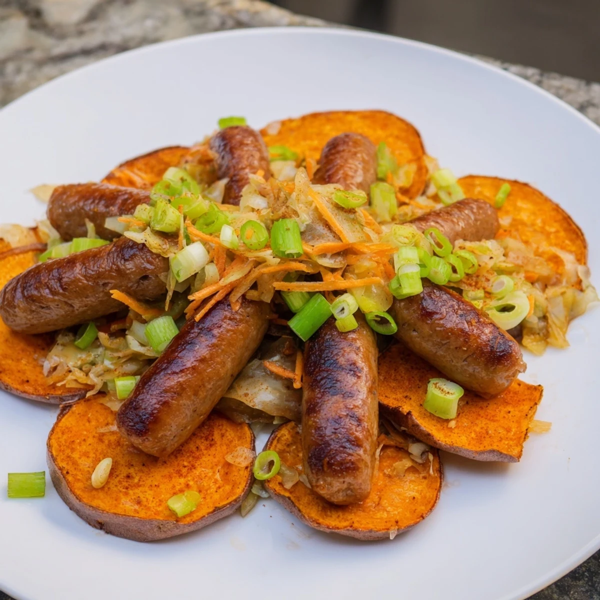 Delicious oven-baked Bratwursts on sweet potato rounds, topped with a tangy sauerkraut slaw.