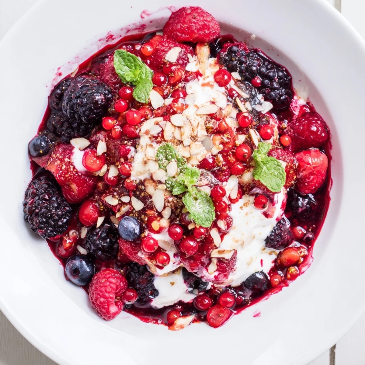 Warm, spiced German berry compote, glistening alongside creamy vanilla yogurt for dessert.