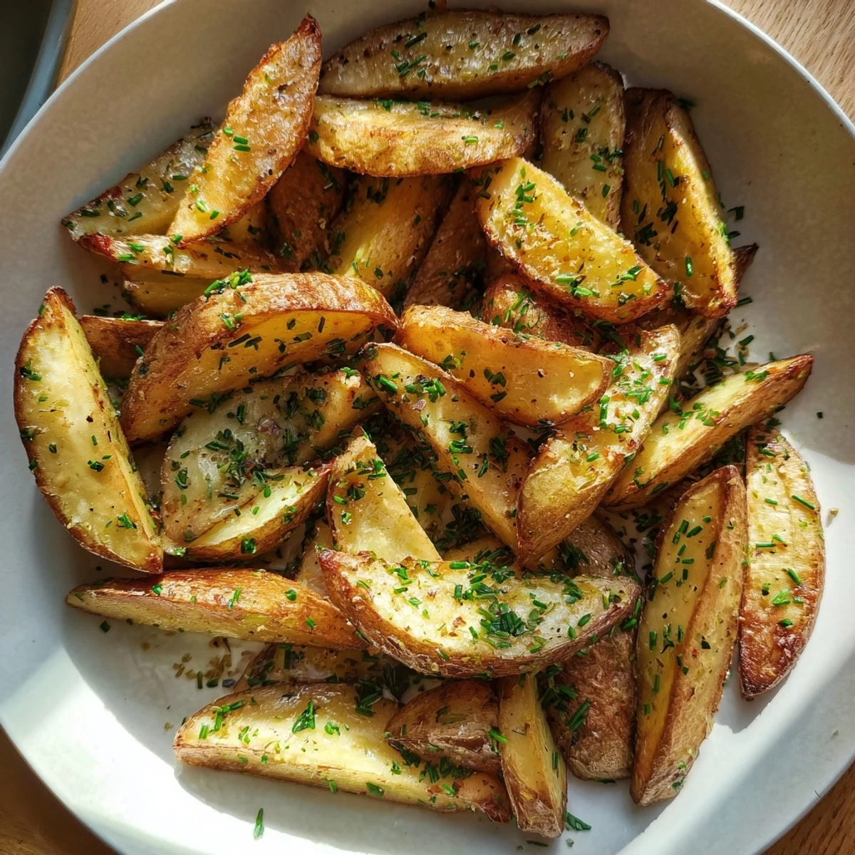 Crispy Vegetarian Herb Potato Wedges with vibrant herbs, alongside a creamy mustard dip for dipping.