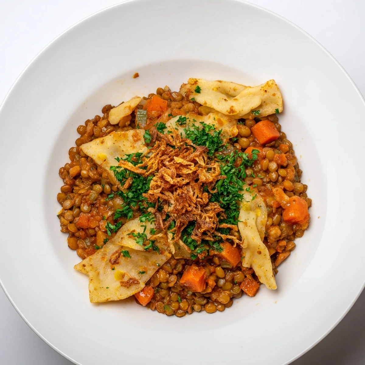 A close-up of a Budget Lentil & Spätzle Bowl, showcasing the hearty lentil stew with golden Spätzle.