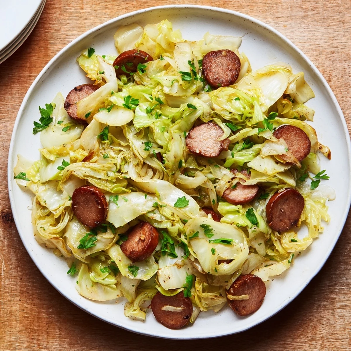 Caramelized, golden-brown Crispy Cabbage & Sausage Skillet, a one-pan meal, ready to eat!