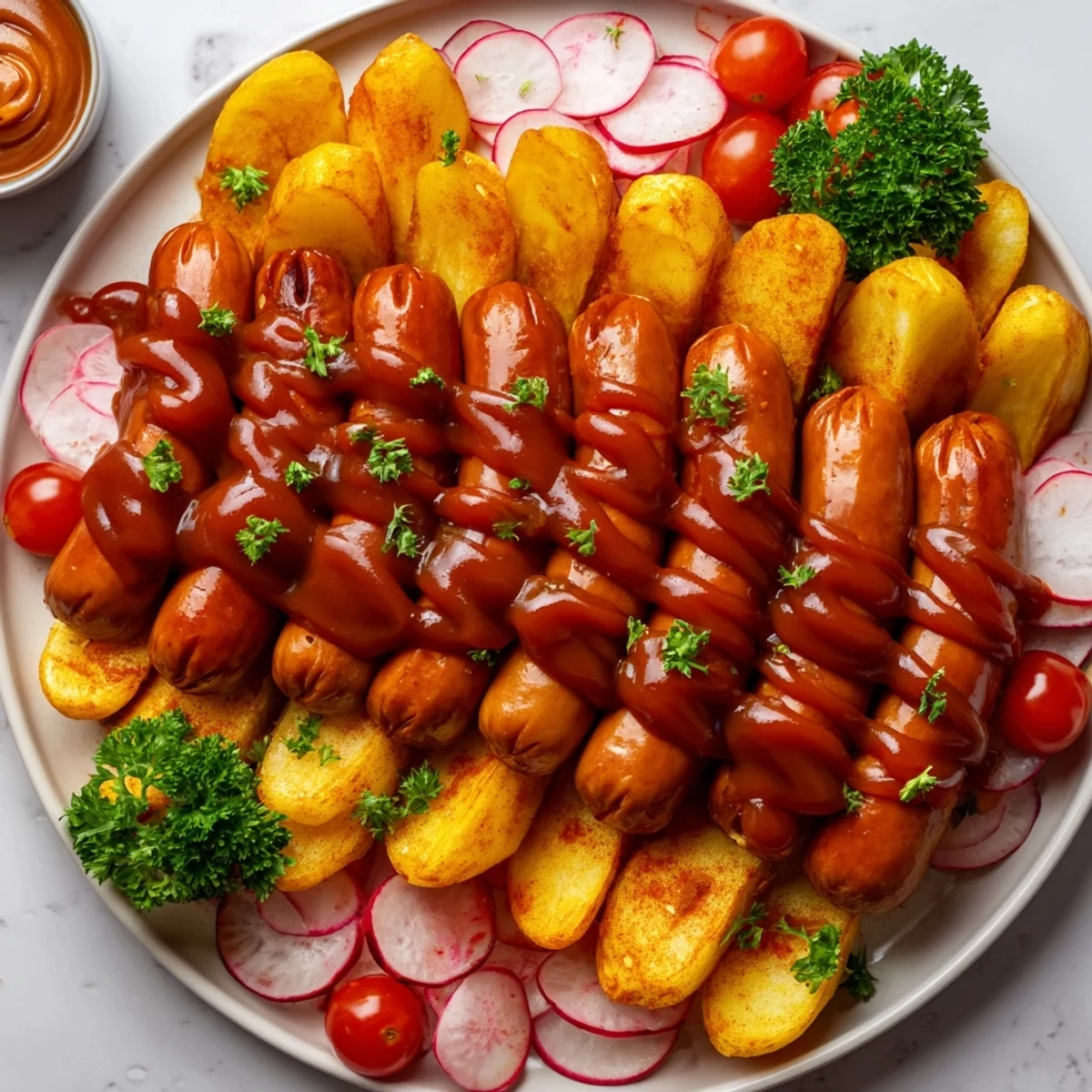 A colorful Currywurst Board showcasing sliced sausages, different mustards, fries, and fresh garnishes for sharing.