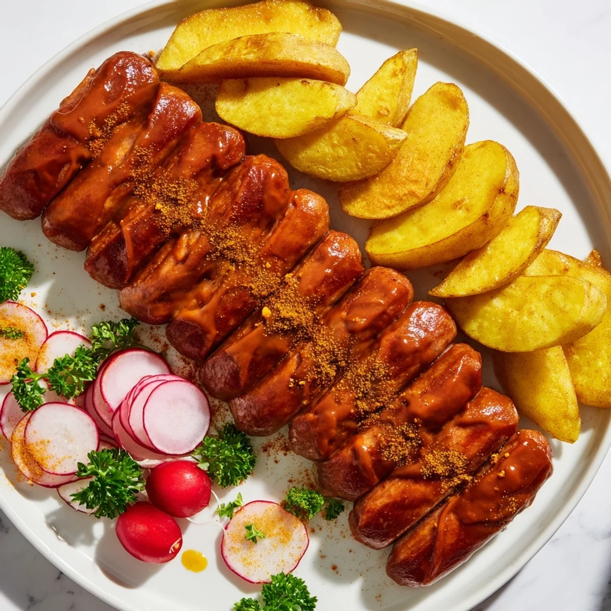 Close-up of a Currywurst Board with golden fries, dipping mustards, and the delicious German sausage.