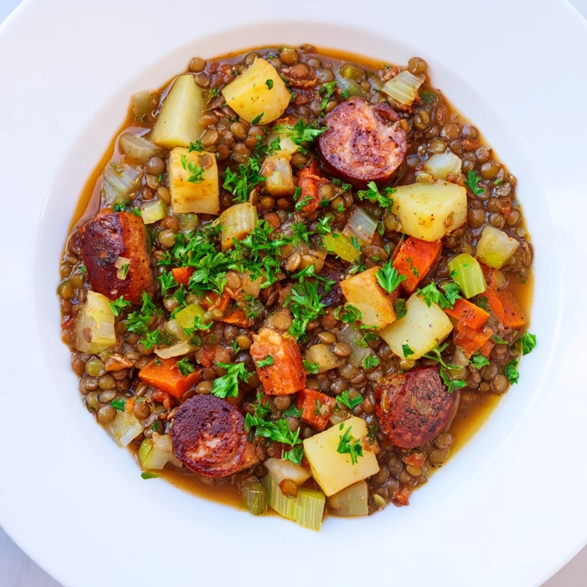 Instant Pot German Lentil Stew with chorizo, a steaming bowl, is richly colored with vegetables and sausage.