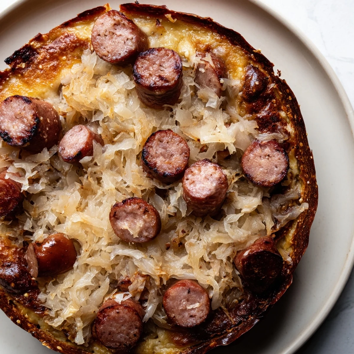 Golden-topped Bratwurst & Sauerkraut Pie with pretzel crust, a delicious savory German dinner.