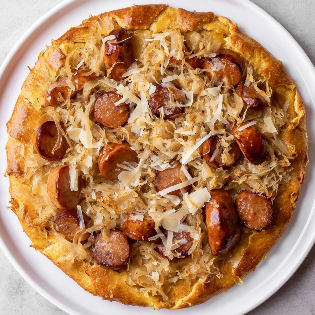 A bubbly, cheesy Bratwurst & Sauerkraut Pie ready to serve, with visible pretzel crust.