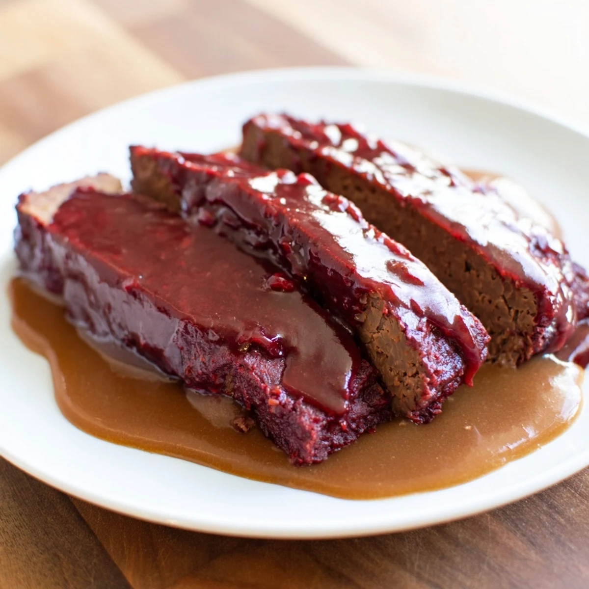A close-up shot of the flavorful vegan Sauerbraten, highlighting the homemade cranberry-balsamic marinade.