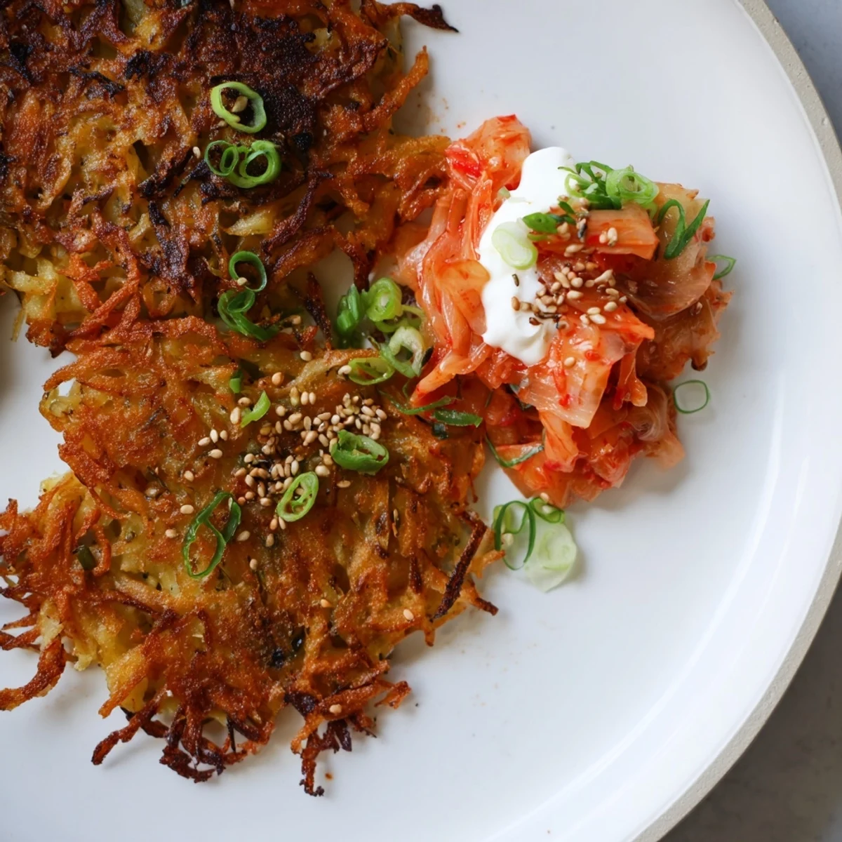 Crispy potato pancakes with kimchi yogurt dip, a flavorful appetizer, ready to serve.