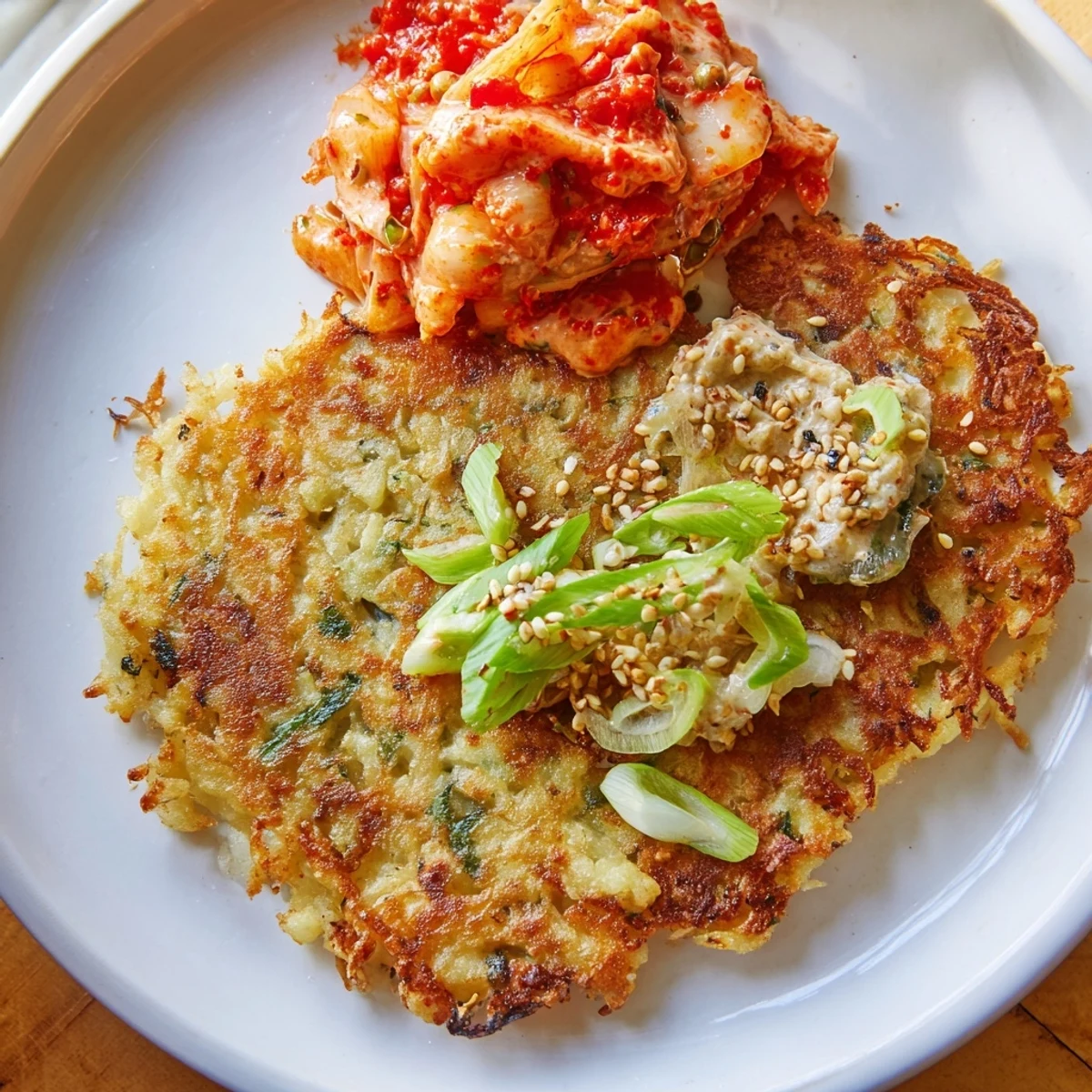 Golden-brown Kartoffelpuffer with a spicy kimchi dip, perfect for a tasty snack.
