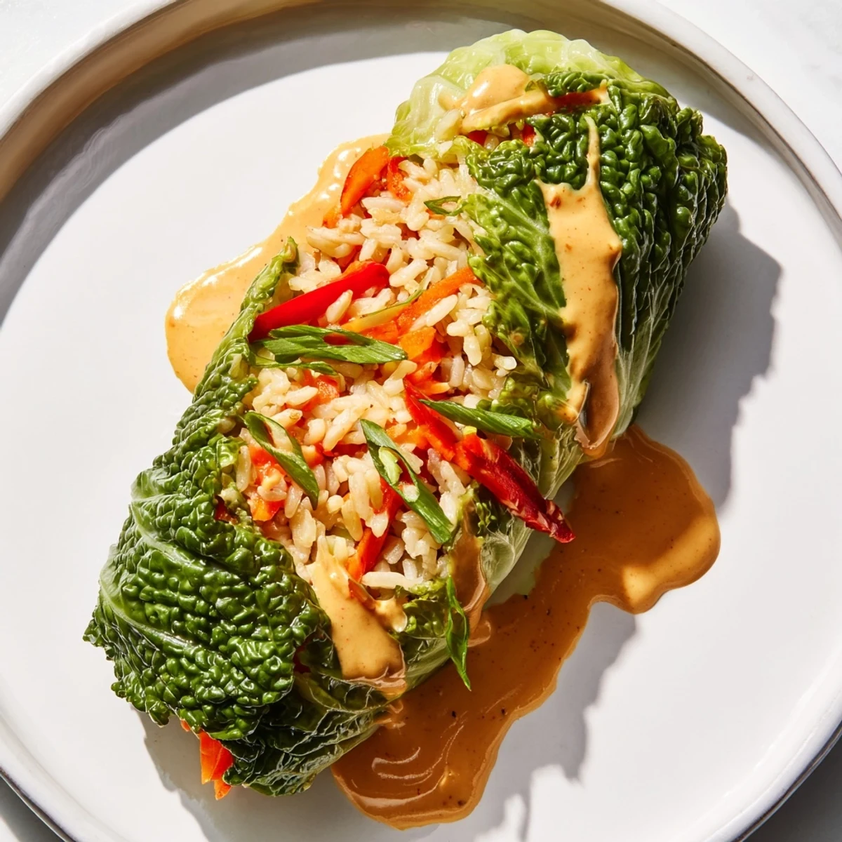Zarte Savoykohlrouladen, gefüllt mit Gemüse und Reis, serviert mit cremiger Thai-Erdnusssauce.
