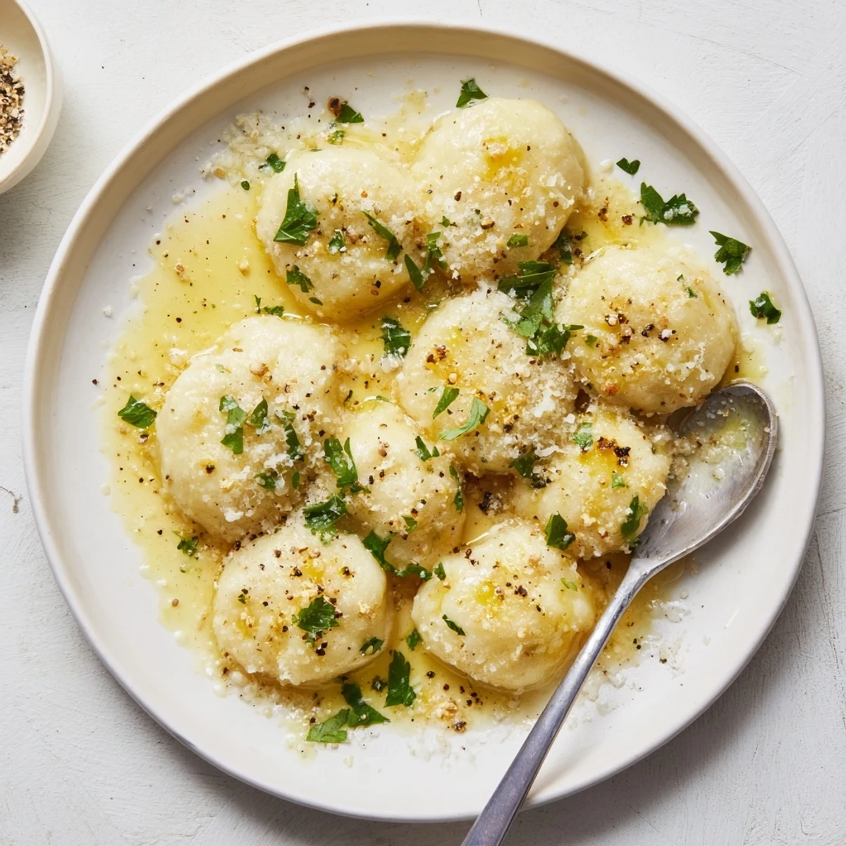 Freshly made potato dumplings, coated in a glistening brown butter sauce, ready to be served hot.