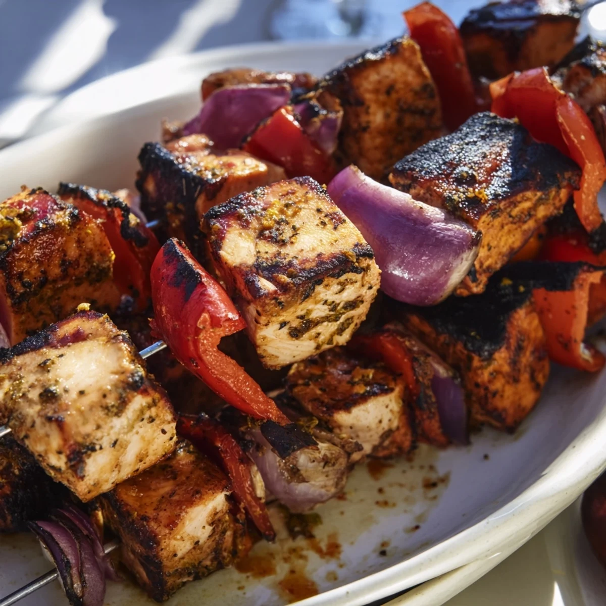 Fragrant Glühwein-Marinated Chicken Skewers, beautifully charred, ready for delicious serving with fresh sides.
