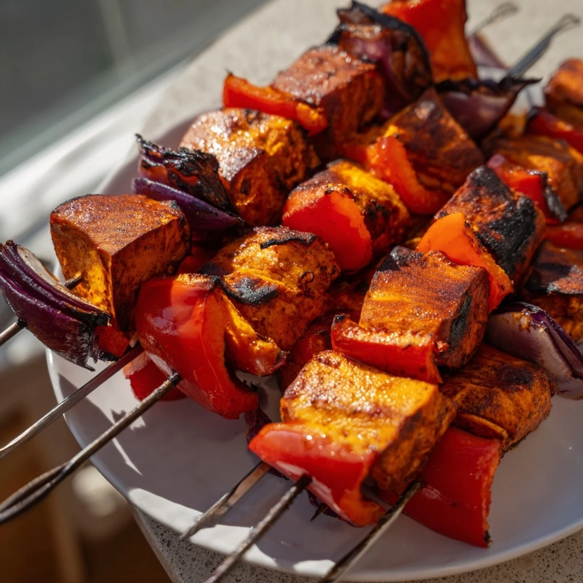 Festive Glühwein-Marinated Chicken Skewers, showcasing tender chicken and colorful peppers, perfect for a cookout.