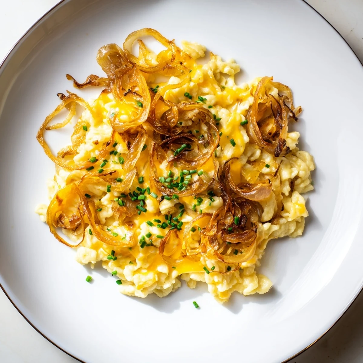 Golden and bubbly cheesy spaetzle skillet, a rich German comfort food ready for serving.
