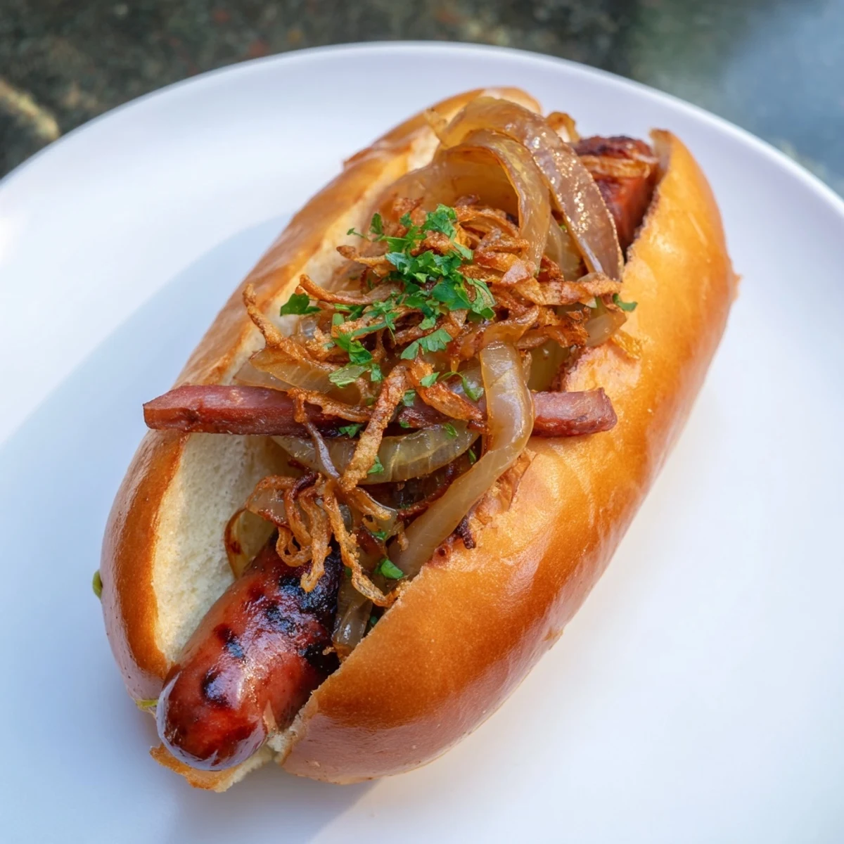 Juicy mini bratwurst sliders, grilled and topped with tangy mustard and crispy onions, ready to eat.