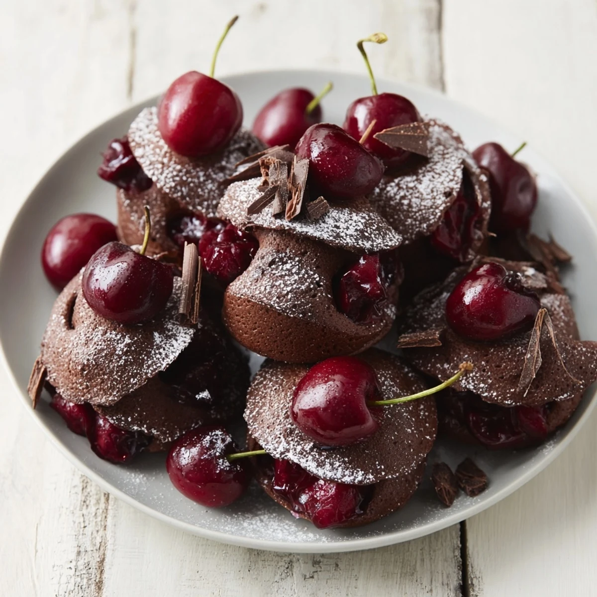 Fluffy Black Forest Pancake Minis stacked high, drizzled with cherry compote and whipped cream.
