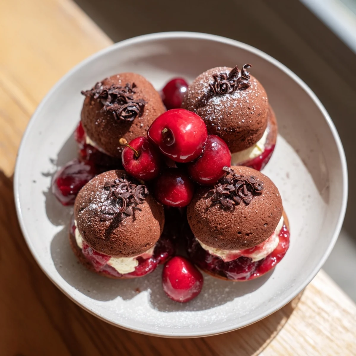Golden mini pancakes, Black Forest Pancake Minis, layered with cherries and whipped cream for dessert.