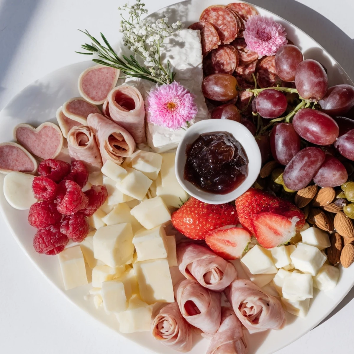 A beautiful heart-shaped charcuterie board with gourmet meats, cheeses, and fresh fruits.