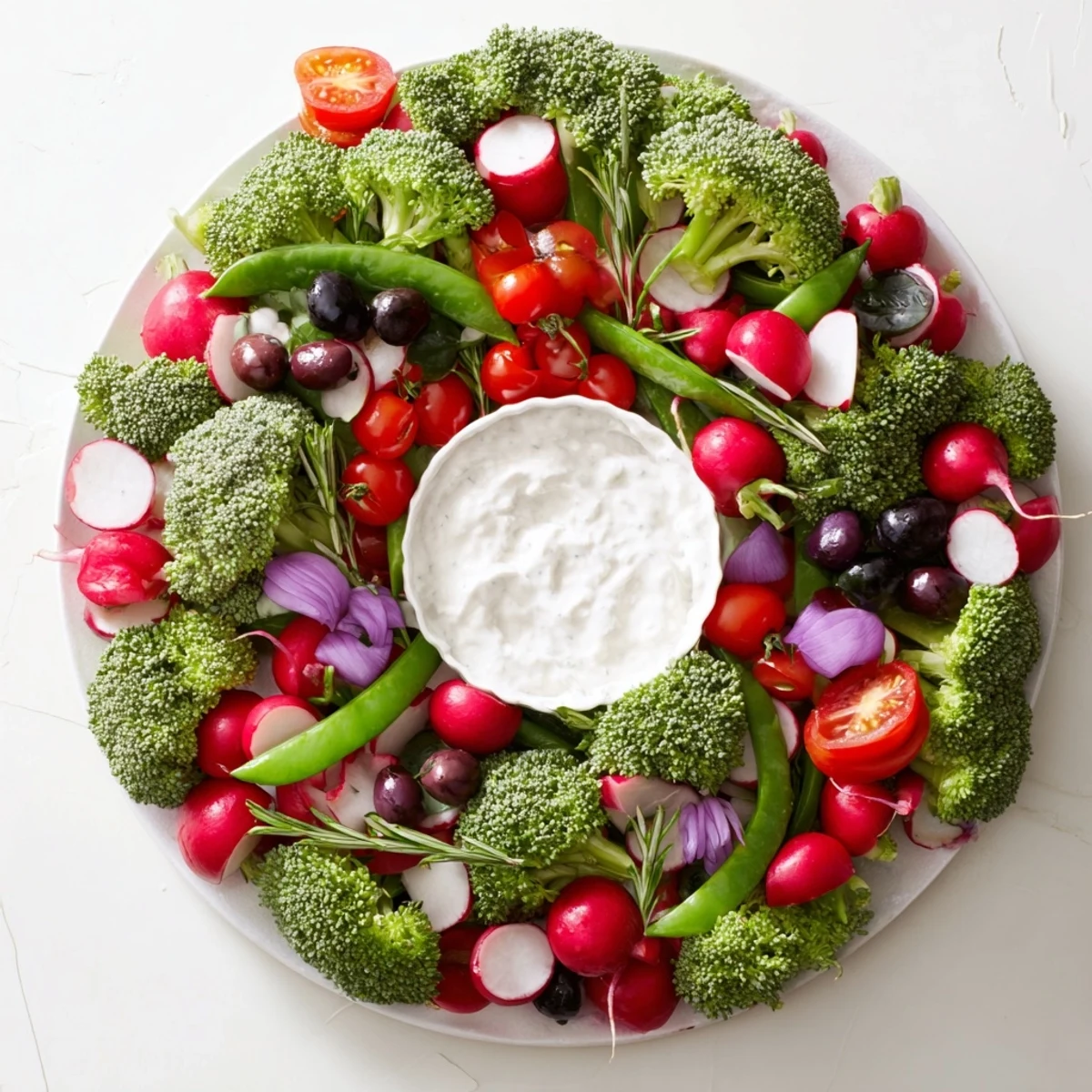 Festive Wreath Veggie Dip Platter featuring a vibrant assortment of colorful, fresh vegetables and creamy dip.