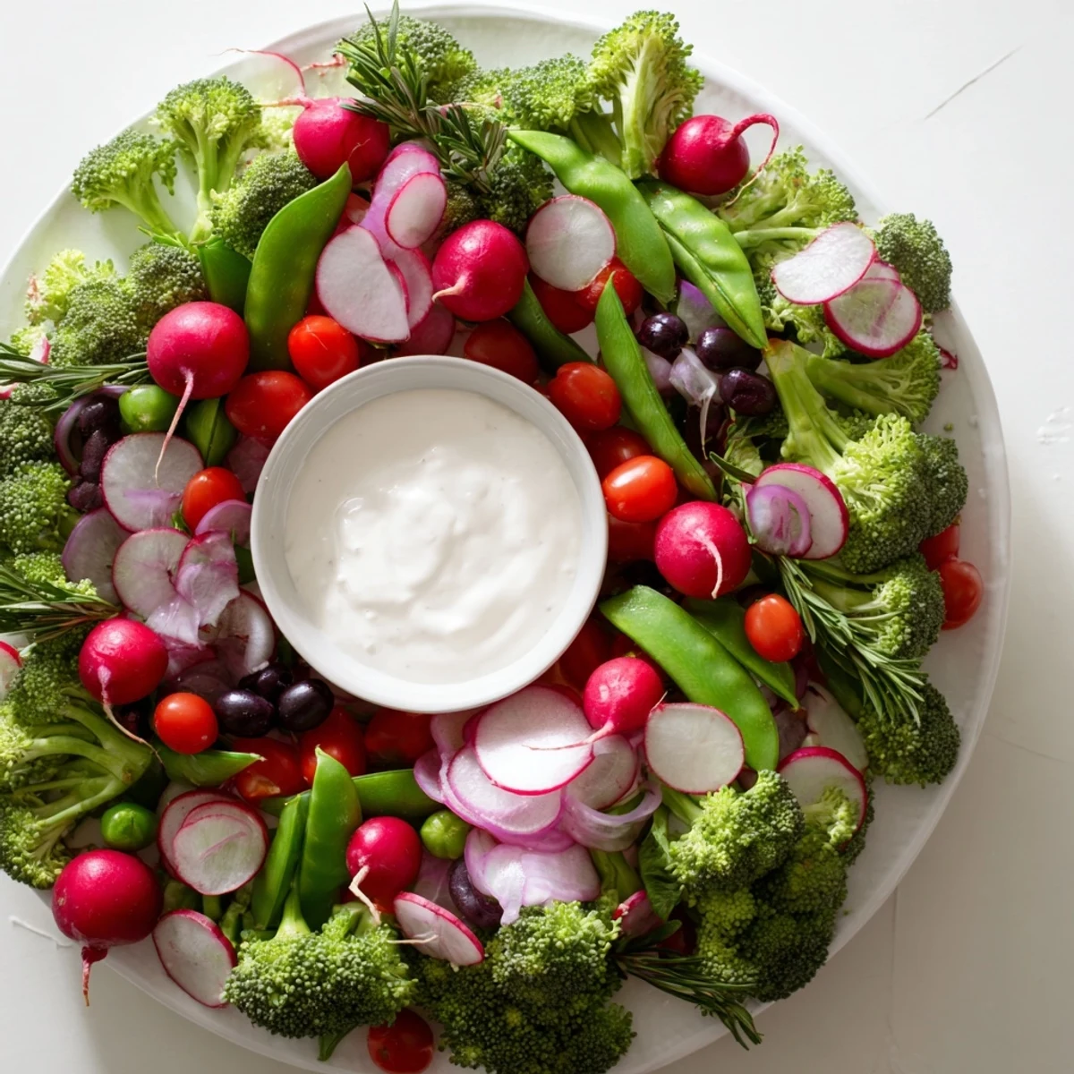 Vivid close-up shows a Wreath Veggie Dip Platter, perfect for a holiday appetizer with fresh herbs.