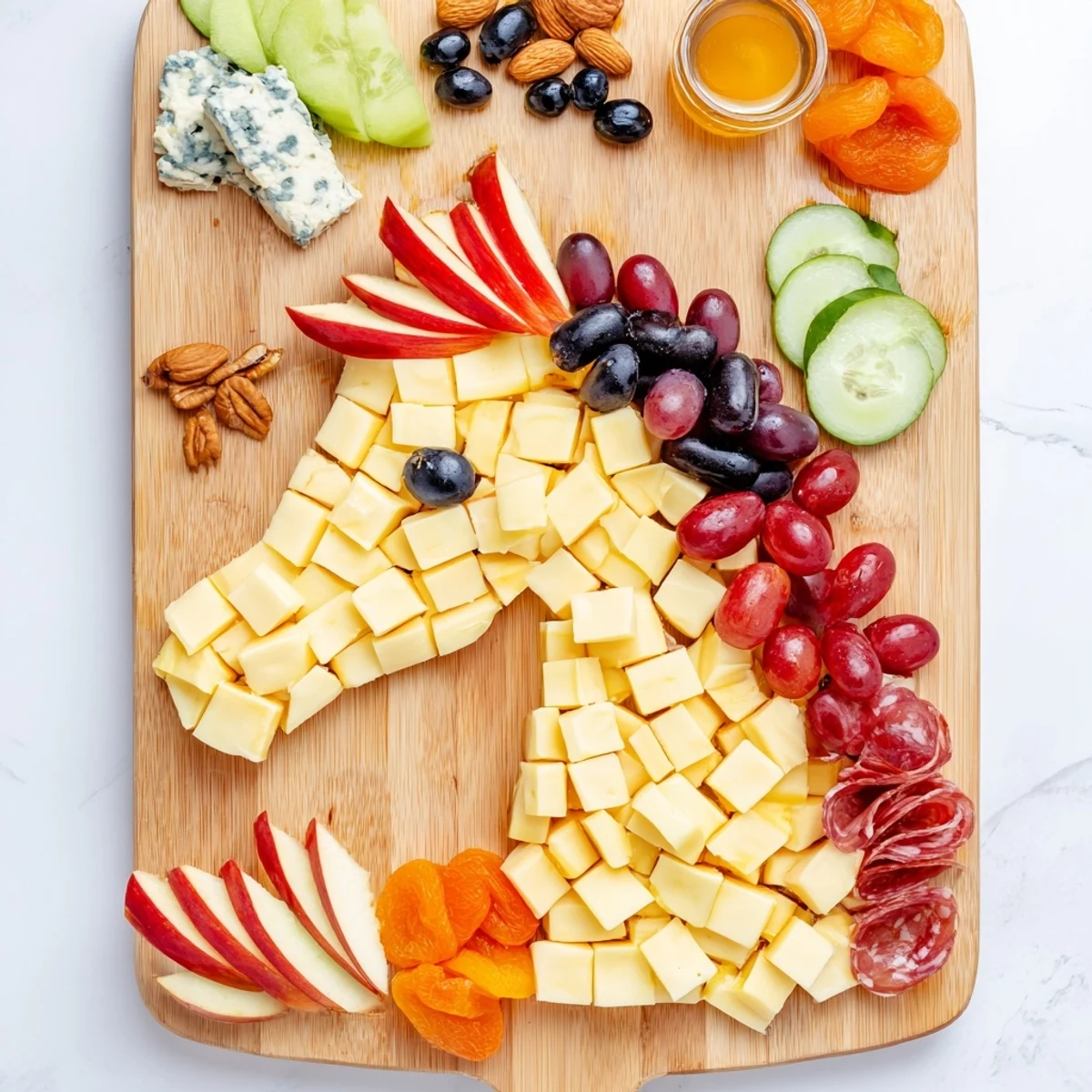 A horse-shaped grazing board overflowing with delicious cheeses, charcuterie and colorful Horse-Shaped Grazing Board delights.