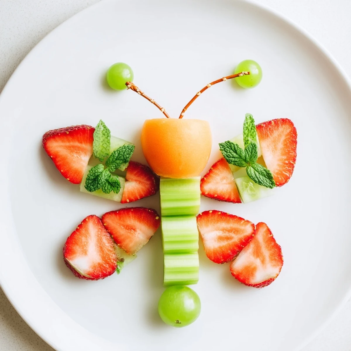A colorful Butterfly Fruit Tray with strawberries, grapes, and kiwi, perfect for snacking.