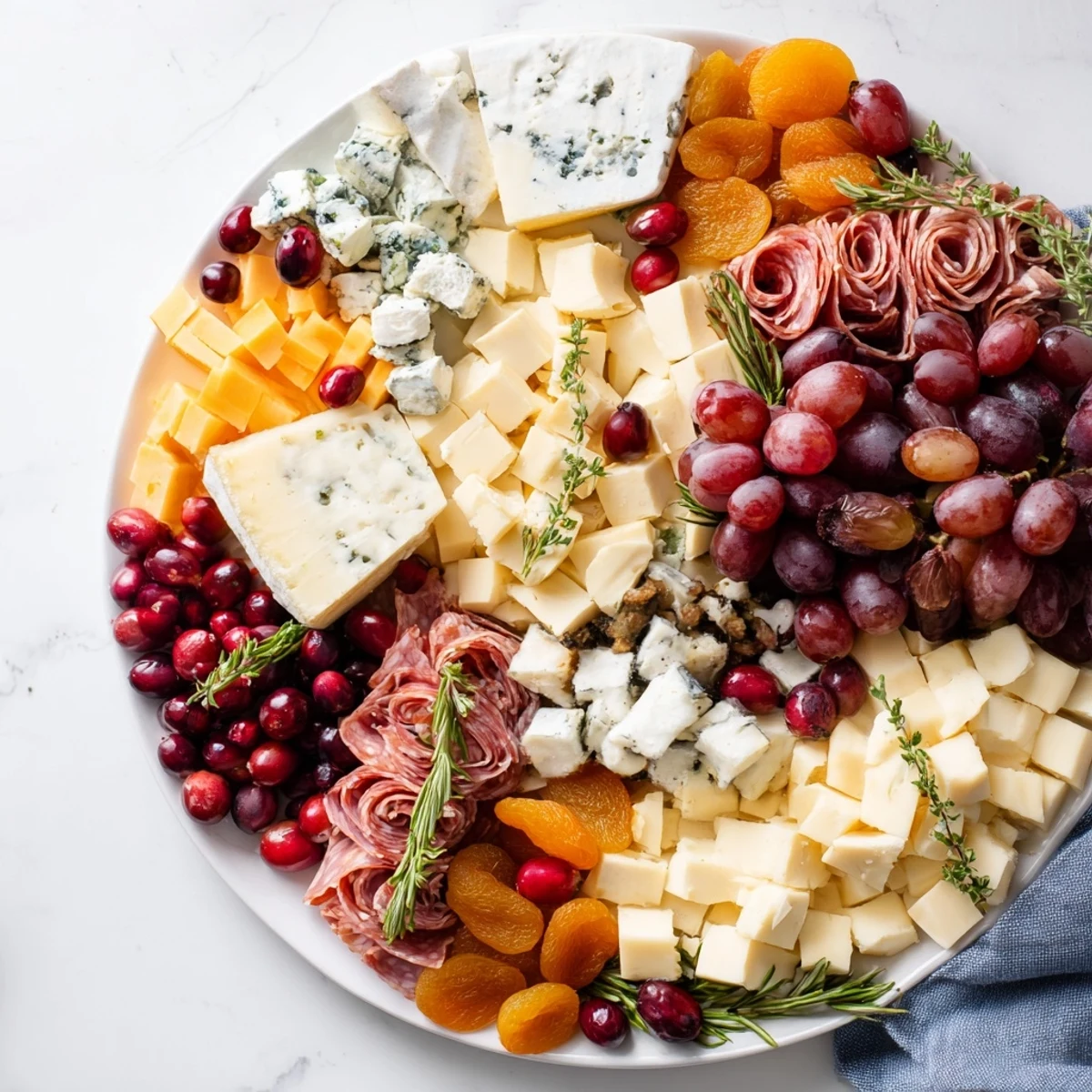 Holiday Wreath Cheese Platter: A visually appealing, colorful appetizer, ready to serve with crackers and baguette slices.
