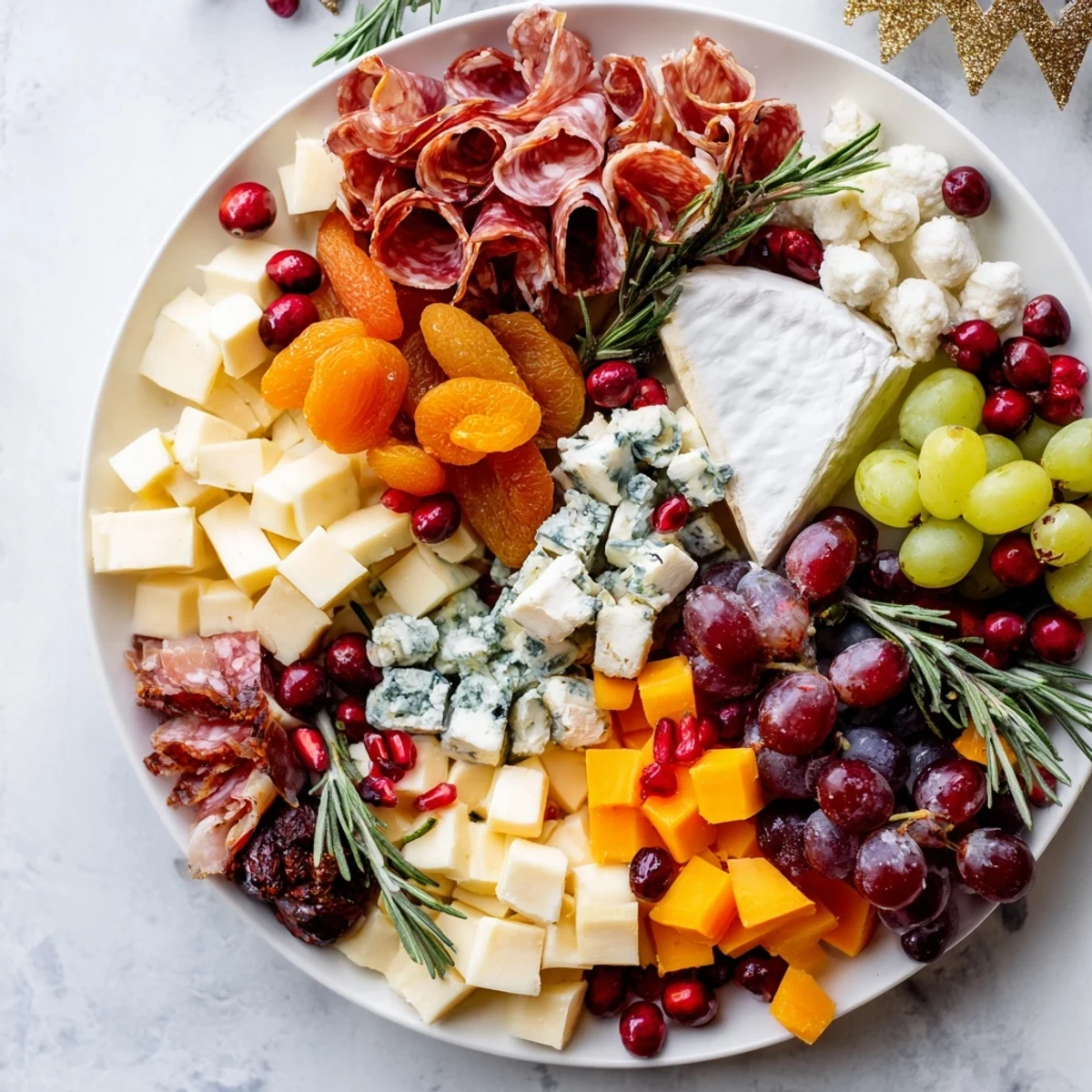 Festive Holiday Wreath Cheese Platter, bursting with fresh fruits, cheese, and meats for a delicious get-together.