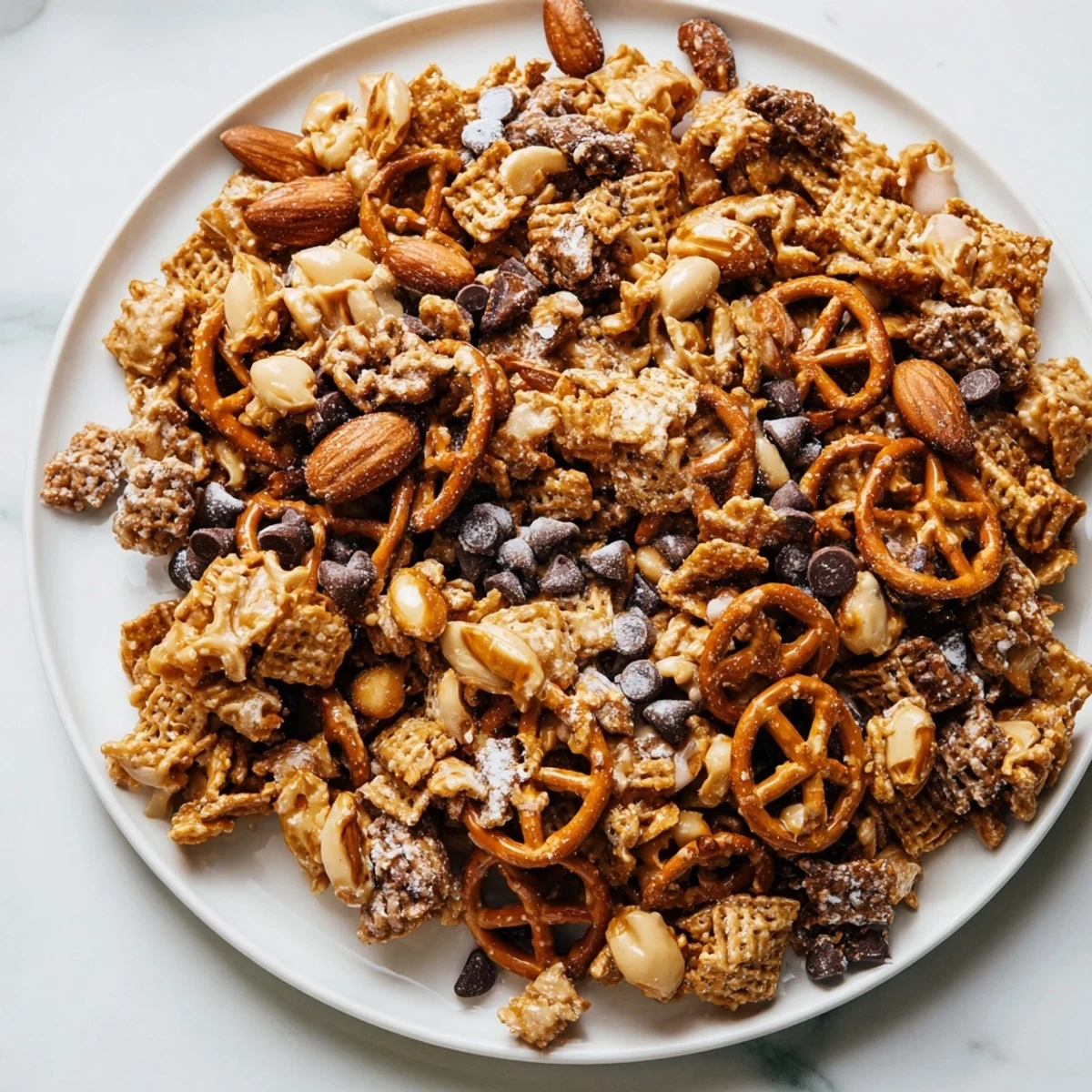Golden brown Festive Pine Cone Snack Mix, a perfect balance of sweet and salty holiday flavors.