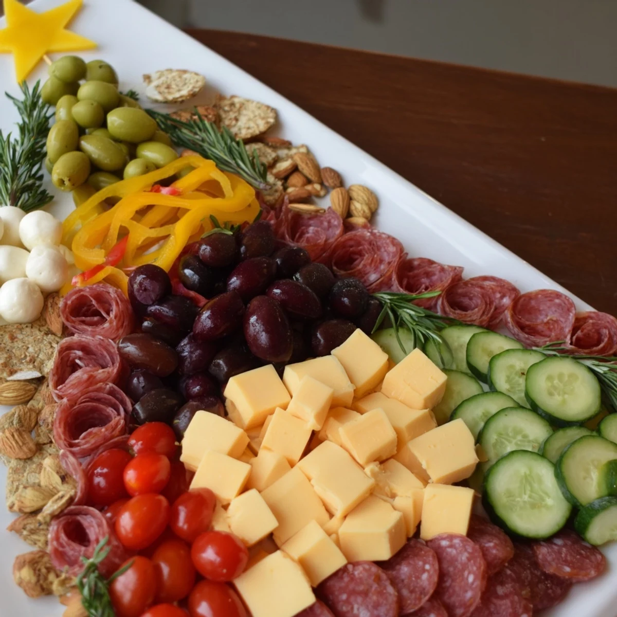 Festive Christmas Tree Snack Board with colorful cheeses, meats, and fruits, perfect for holiday gatherings.