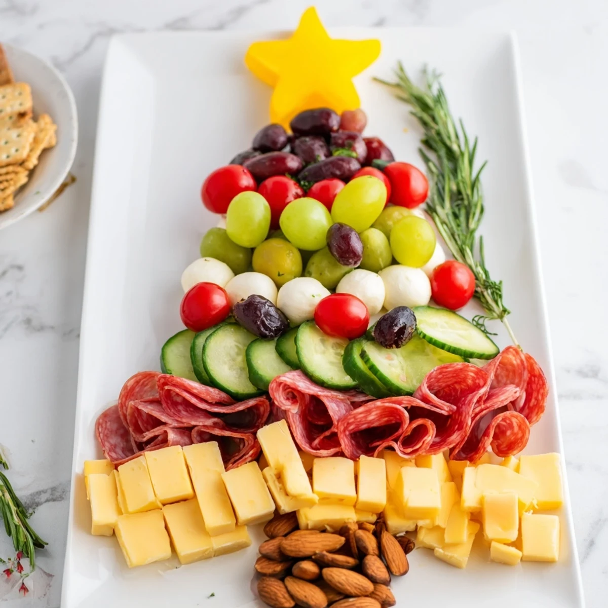 Beautifully arranged Christmas Tree Snack Board, showcasing a vibrant array of delicious appetizer ingredients.