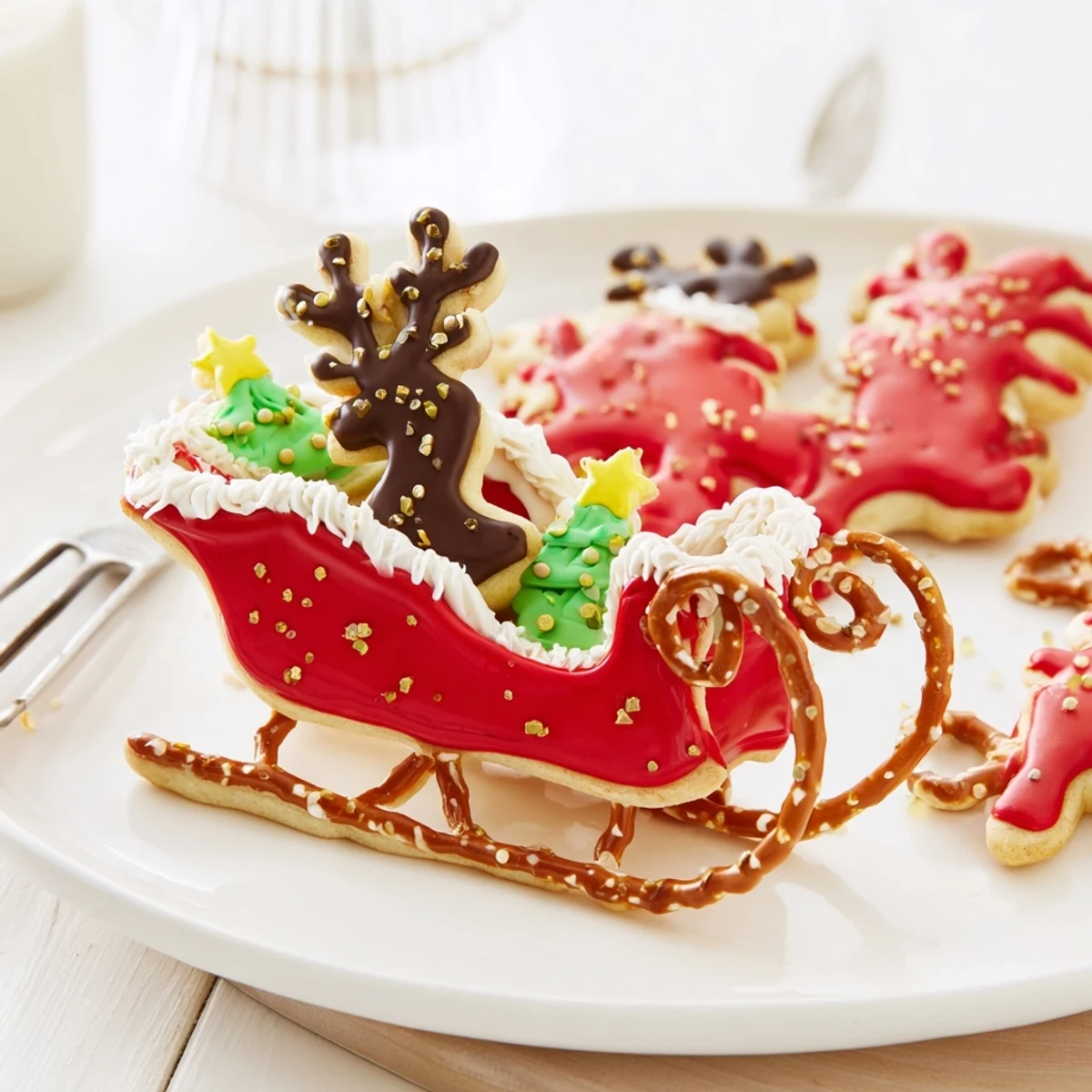 Festive, decorated Santas Sleigh Cookies arranged creatively, a delightful dessert for a holiday party.