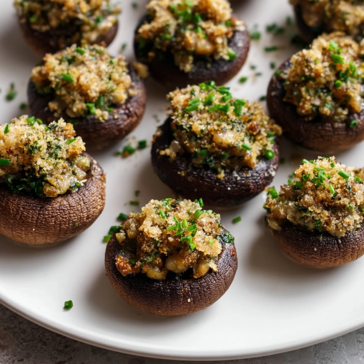 A close-up of delicious, herb-stuffed Enchanted Forest Mushroom Nibbles, baked until tender and fragrant.