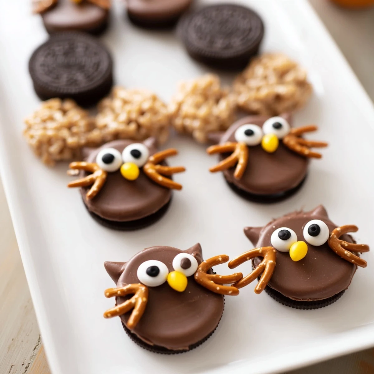 A tray of adorable Hoot Hoot Owl treats with cookies, fruit skewers, and bark.