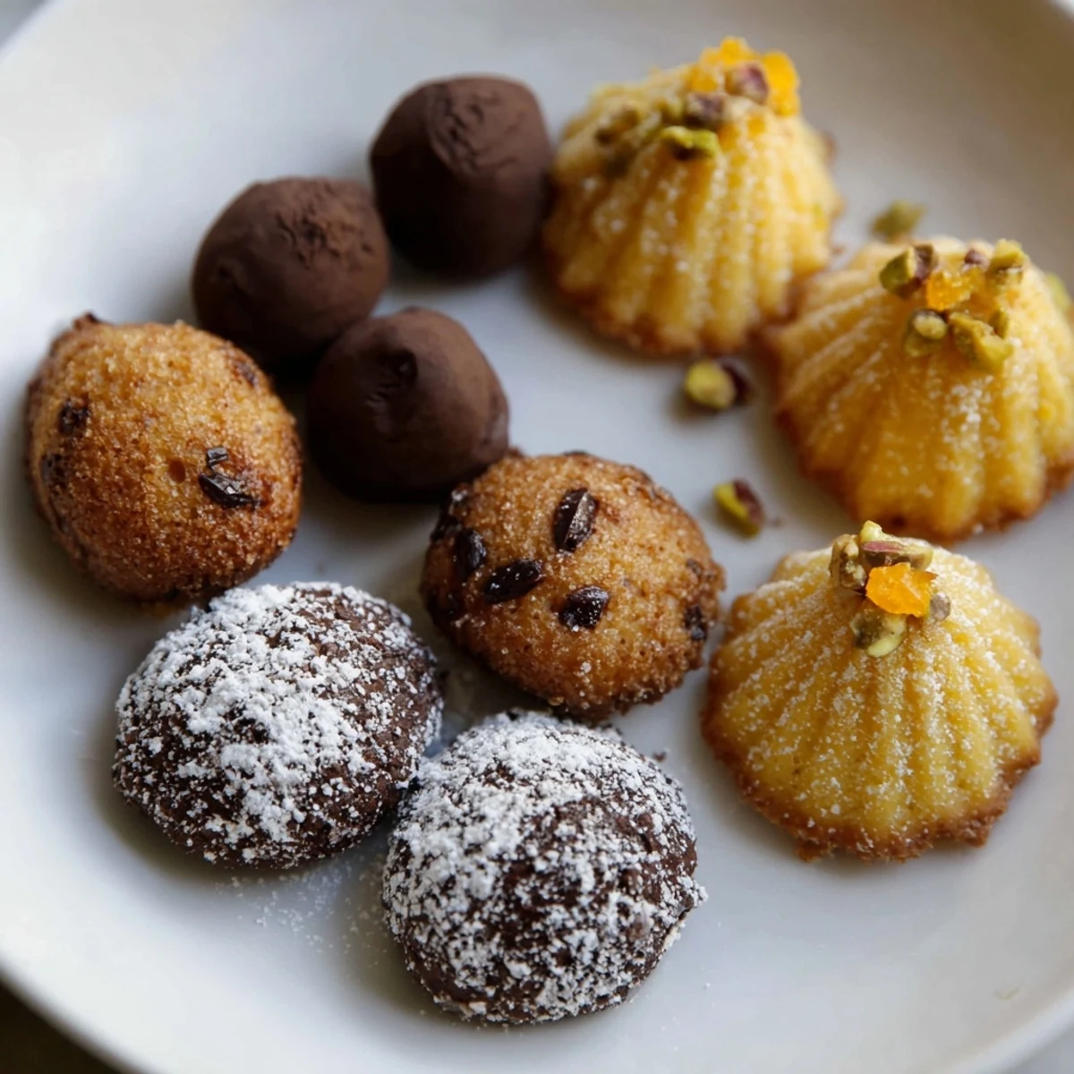 Close-up of assorted Mignardises Bonne Année 2026: financiers, truffles, and madeleines dusted with sugar.