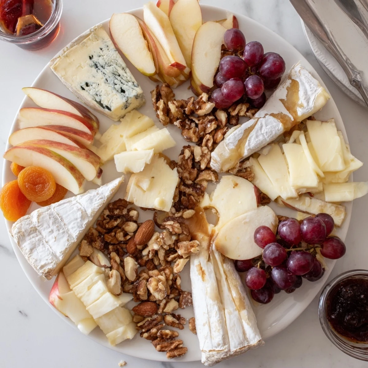 Elegant cheese platter Cœur Passion: a delightful French cheese selection with fresh fruit, nuts, and crackers.