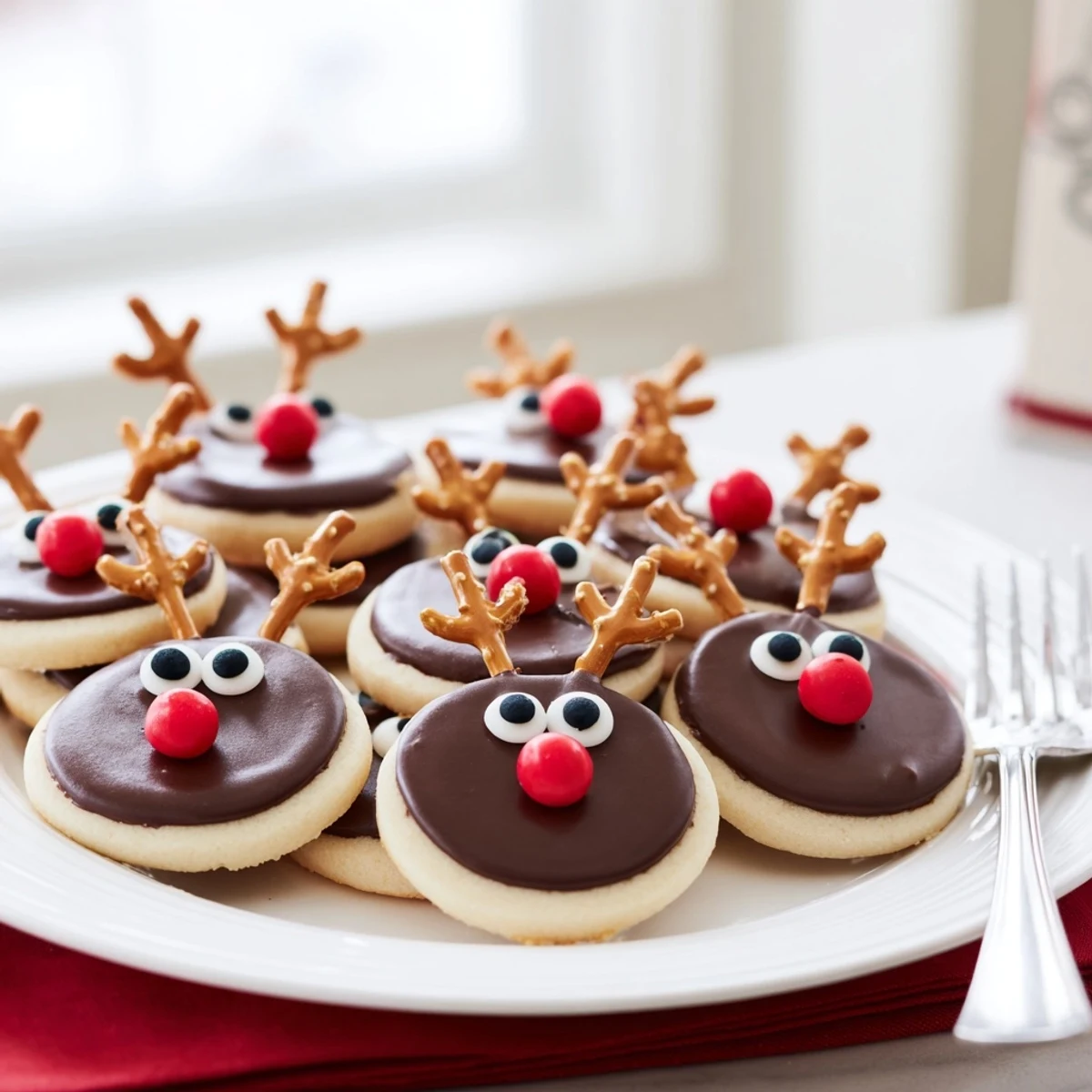 Festive Santas Reindeer Cookie Platter, showcasing adorable reindeer cookies decorated with icing and pretzels.
