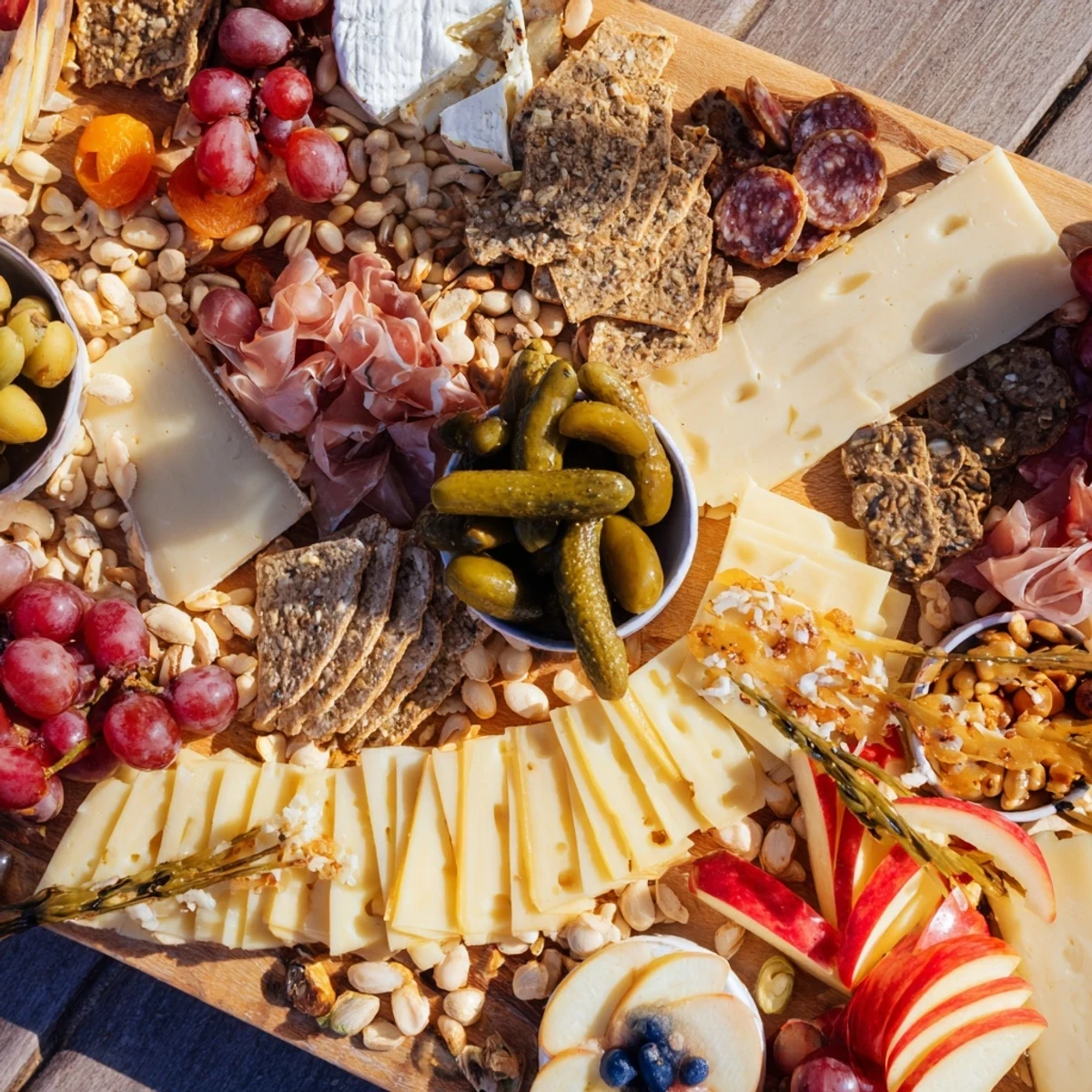 A beautifully arranged Cheval Heureux snack board overflowing with diverse cheeses, meats, fresh fruits, and crackers.